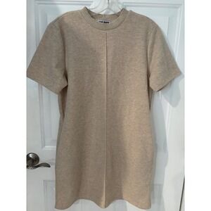 Steve Madden Sweater Dress Ribbed Knit‎ Short Sleeve Casual Beige Pockets M